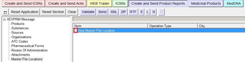 7) Select "New Master File Location " by ticking the relevant box in the active area: The active area will display the fields relevant for a MFL entity: The "Operation type" field displays "Insert