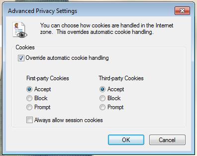 3. In the Advanced Privacy Settings window, make sure that First-party Cookies and Third-party Cookies have Accept.