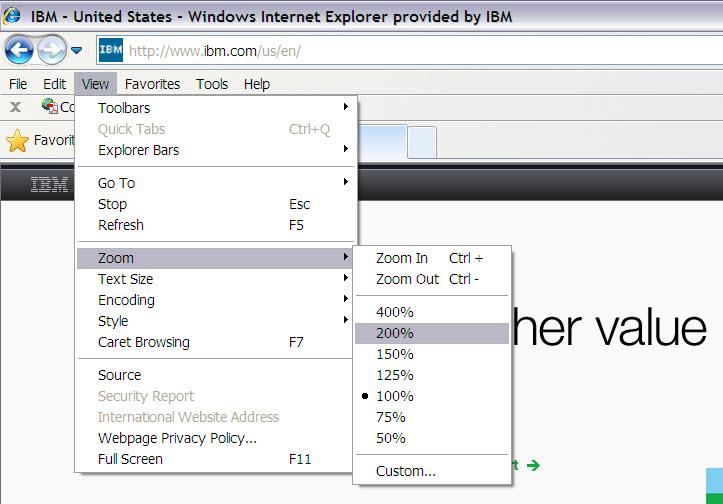 View menu: changing look of a Web page In Internet Explorer!! Go to View > Zoom!
