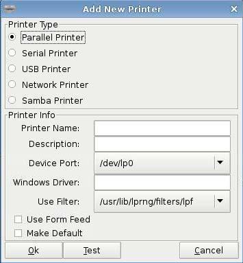 Add Printers The following Add New Printer options are available: Parallel Printer Serial Printer USB Printer Network Printer Samba Printer To add a printer: 1.