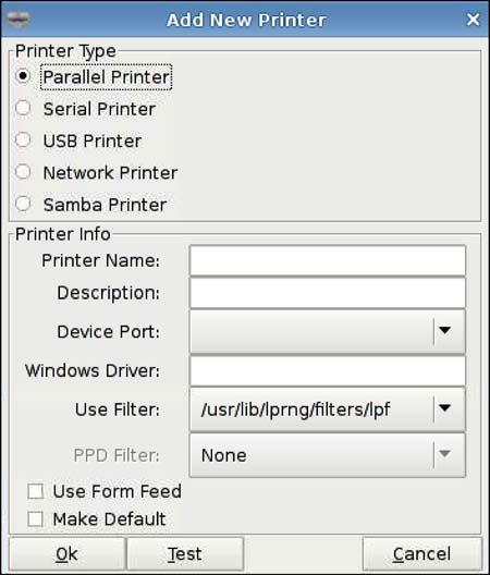 Add Printers The following Add New Printer options are available: Parallel Printer Serial Printer USB Printer Network Printer Samba Printer To add a printer: 1. Click Control Panel > Printer. 2.