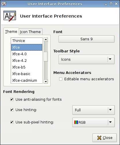 Xfce 4 User Interface Settings To set user interface preferences: 1. Click Control Panel > Xfce 4 User Interface Settings.