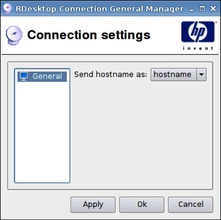 Create or change cookie Read cookies 2. Click Apply to apply your settings. 3. Click OK when you have finished configuring connecting settings. RDP 1. Go to Connections > General Settings. 2. Select RDP and select the appropriate setting for Send hostname as.