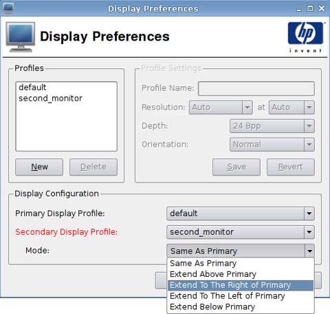 1. Click Control Panel > Display Preferences. 2. Select a profile in the Primary Display Profile list. 3. Select a profile in the Secondary Display Profile list. 4. Select the Secondary Display Mode.