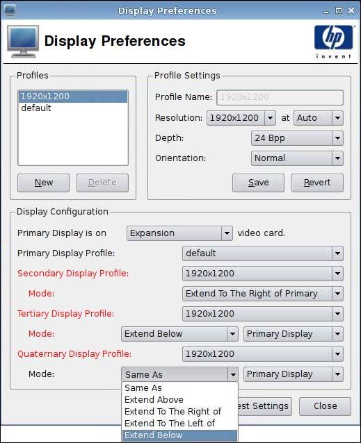 Configuring Four Monitors on a Quad-head HP gt7725 Thin Client To configure four monitors on a quad-head gt7725 thin client, perform the following steps: 1. Click Control Panel > Display Preferences.