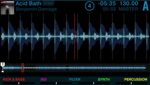 Using Your S5 Getting Advanced Mixing Stem Files using Stem Decks Stem Deck in Track View. In Stem View the display shows the four colored waveforms of the Stem Parts. Stem Deck in Stem View.