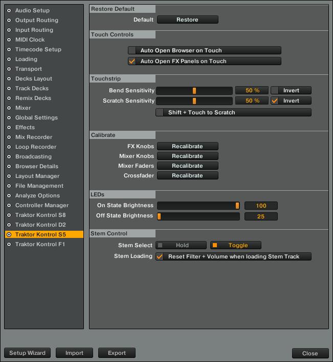 Preferences Pane in TRAKTOR 6 Preferences Pane in TRAKTOR Once configured via the Setup Wizard, a dedicated pane for S5 is added to TRAKTOR's Preferences window, which lets you configure the behavior