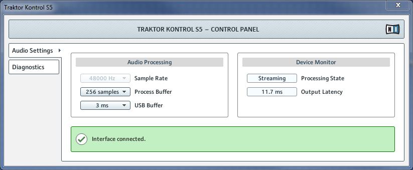 The S5 Audio Interface and Control Panel Settings on Windows: The Control Panel Audio Settings pane in S5's Control Panel application Audio Processing Section This section provides settings for the