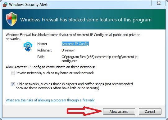 8. After the progress bar completes, if you see a Windows Security Alert popup, click Allow access. 9. This brings you to the main screen of Amcrest IP Config Software.