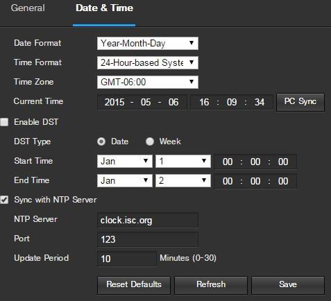 Below is an explanation of the fields on the Date & Time settings tab: Date Format: This dropdown box allows the user to change the date format used in the camera.