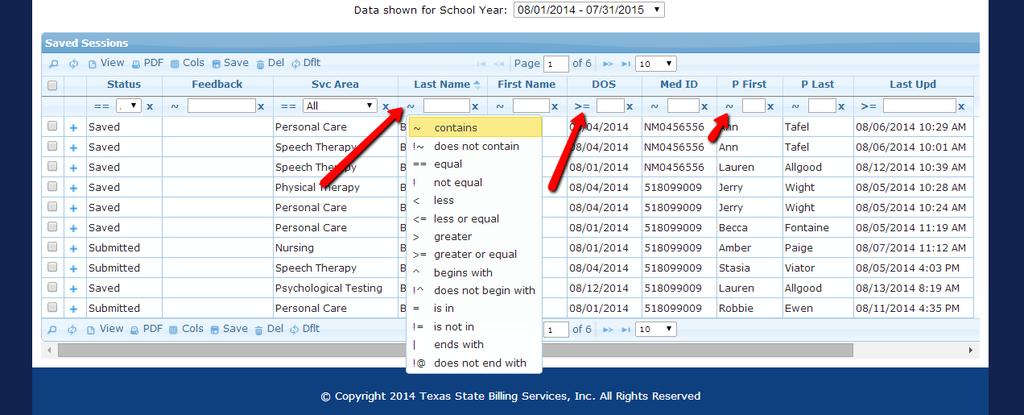 SORTING OPTIONS Under the blue title Saved Sessions you are able to sort by the column headers. Click on the column header you wish to sort. Clicking again will reverse the order.