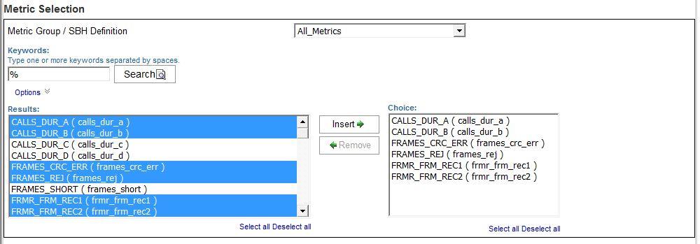 11. In the Metric Selection section of the Resource Metric View Prompt Page, choose from the set of metrics available. a. Filter the set of metrics by using the Keywords field.
