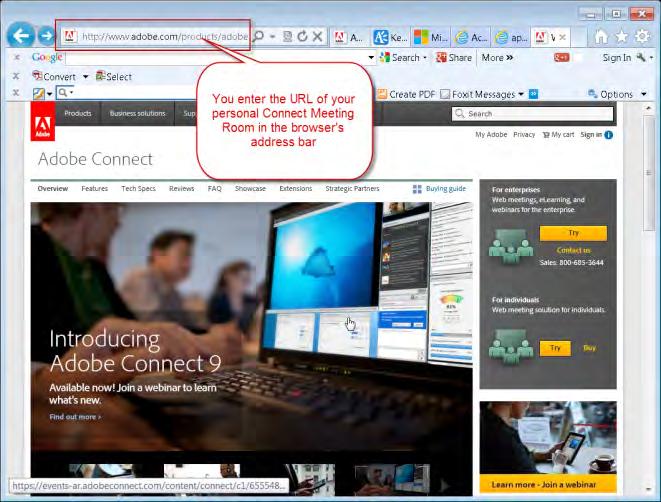 Use the Browser or Use the Connect Meeting Add-in You can force how Adobe Connect will launch, whether within the Browser or by using the add-in application. You do this by appending the string?