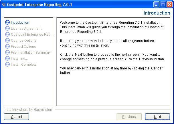 Install Costpoint Enterprise Reporting 7.0.1 Install Costpoint Enterprise Reporting 7.0.1 You must have Deltek Costpoint 6.1 SP2, 7.0, 7.0.1 or Costpoint PMFG 6.1 SP2, 7.0, Deltek Time and Expense 8.