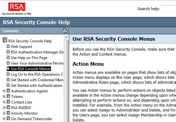 Use the Help Table of Contents The Help table of contents for the Security Console organizes help topics by Authentication Manager features and concepts.