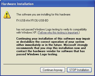 3 Installation 3.1 Windows 98/98SE/Millennium Edition/2000/XP 2) When the USB cable is connected to the personal computer, the following screen is displayed. Click [ Continue Anyway ].