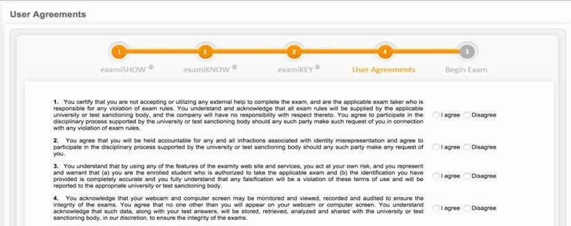 f. Finally, you will agree to the Special Instructions from the CICBV (see Appendix A) and the Examity User Agreement (see Appendix B). You will see a screen similar to that below. g.