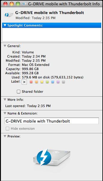 Using Your Drive with Mac OS 4. Select the icon for G-DRIVE mobile with Thunderbolt on your desktop and press Command+I. This opens its Get Info window. (below left) 5.