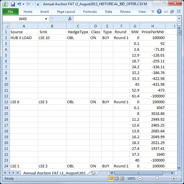 Figure 101 Sample Historical Bid Data in CSV Format The following information is available from this file: Source The name of the source for a PTP TCR bid.
