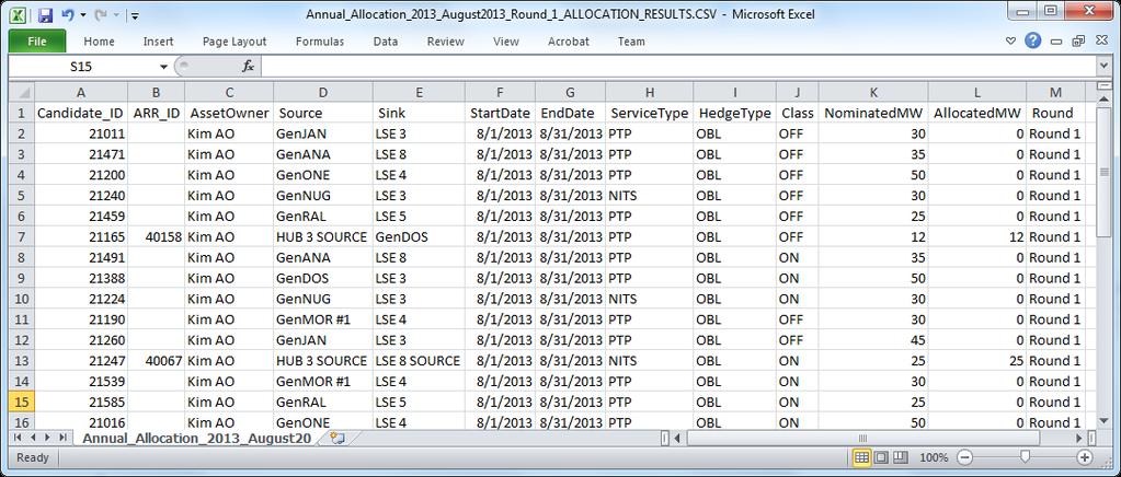 Figure 116 Sample Private Allocation results in CSV Format The following information is available from this file: Candidate_ID The unique id for the Candidate ARR ARR_ID The unique id of the
