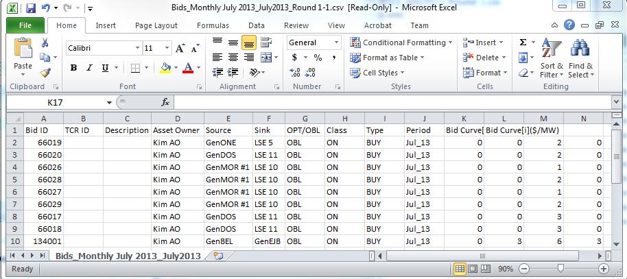 A sample buy bid portfolio text file in CSV format viewed in Excel is shown in Figure 33.