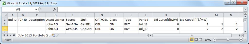 Upload - This button allows the user to upload a csv formatted file of bids to the portfolio editor. A sample file containing buy bids is shown below in Figure 51.