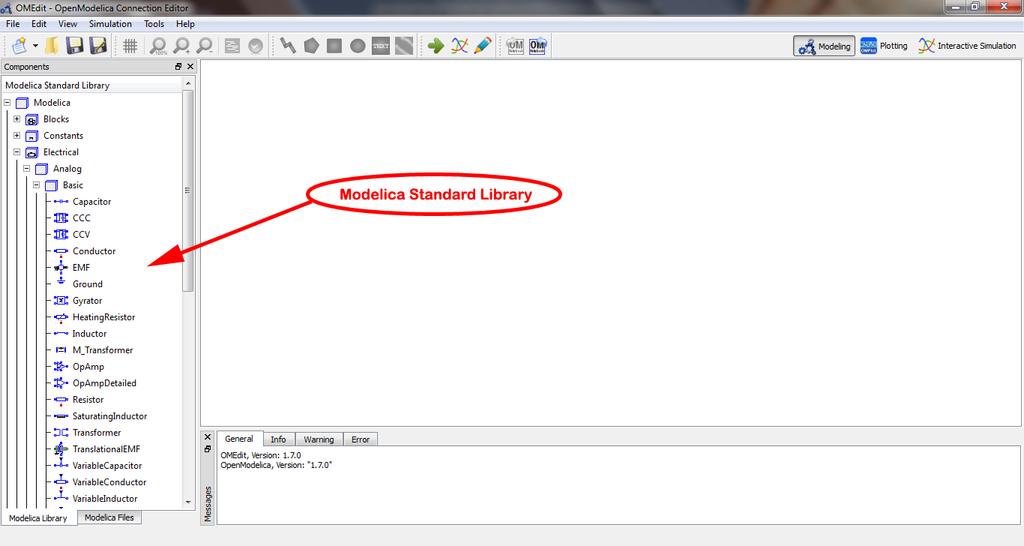 Figure 1-3: Modelica Standard Library. 1.3.2 Adding Component Models Modelica standard library is loaded automatically and is available in the left dock window.