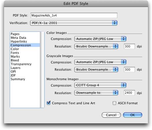 Compression options in the PDF Export Options dialog box Color settings The color output setup is set to Composite CMYK by default.