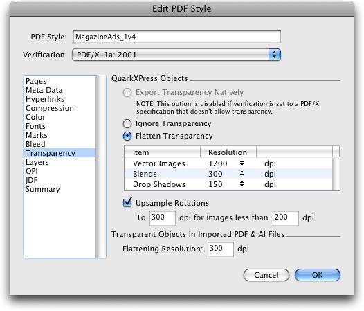 Transparency options in the PDF Export Options dialog box OPI settings This PDF style does not use OPI.