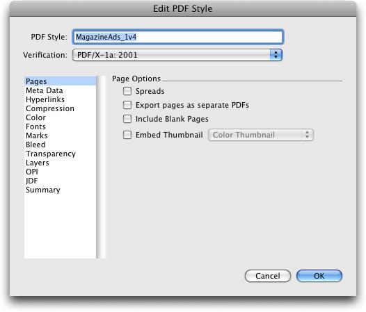 Page options in the PDF Export Options dialog box Meta Data settings The PDF style includes default metadata, but you can change this