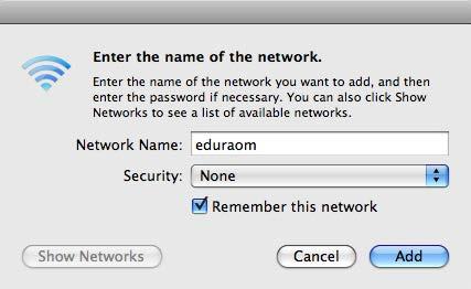 A dialogue box opens. 7. In the Network Name field, type eduroam. 8. Then from the Security drop-down menu, choose WPA Enterprise. The dialogue box expands to show more fields. 9.