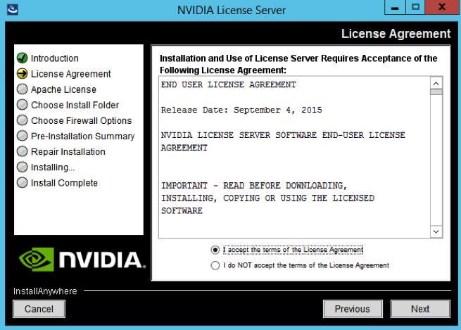 3. Accept the license agreement and click Next (Figure 20). Figure 20. NVIDIA License Agreement 4.