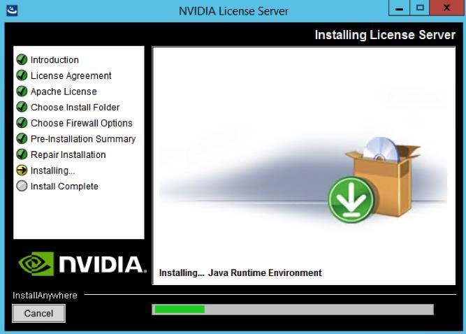 9. The Pre-installation Summary and Repair Installation options automatically progress without user input (Figure 24). Figure 24. Installing the License Server 10.