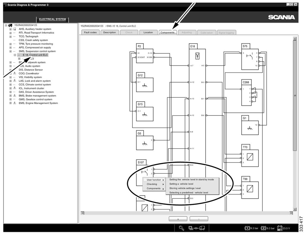 The connection of controllable components to the control unit is displayed in the navigation tree at system level.
