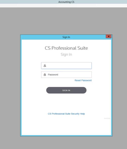 Once Accounting CS has loaded (see Table of Contents for access instructions on your specific platform), you will be presented with a CS Professional Suite login prompt.