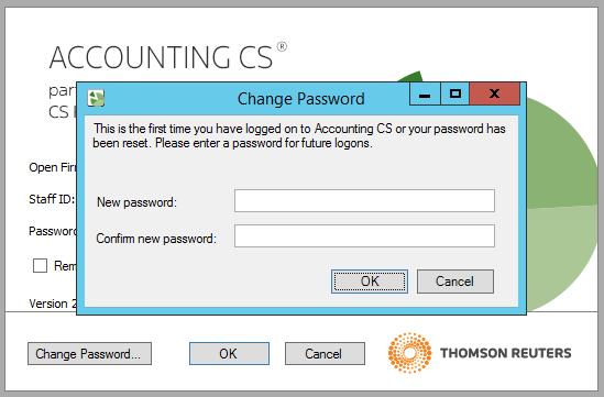 Please enter the Accounting CS Staff ID you were provided at initial setup but leave the password line blank. Then click OK.