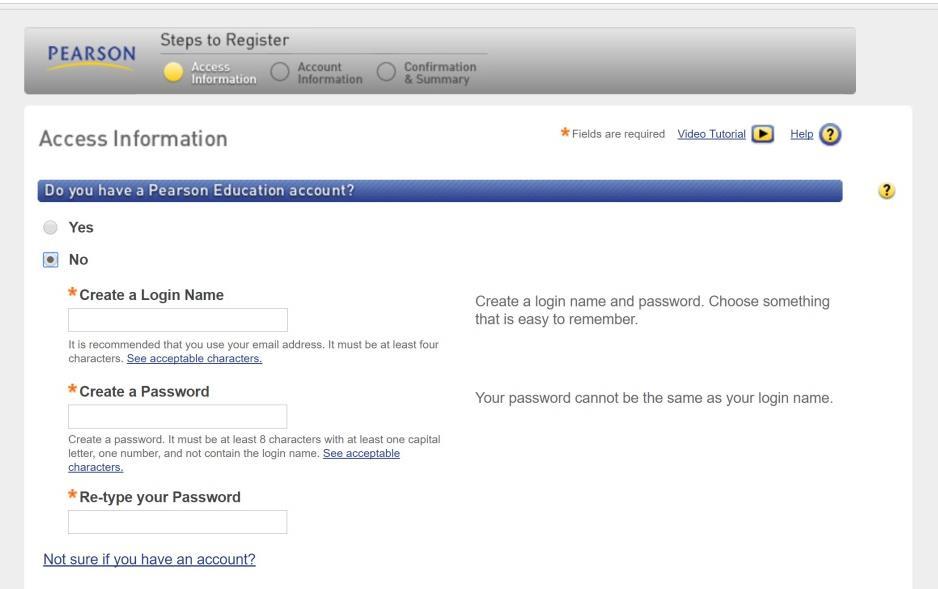 If you do not have a Pearson Education account, select No and then create a