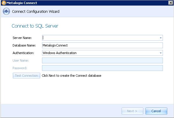 On the Connect to SQL Server page, enter the connection information for the SQL Server database where Connect will store its configuration data.