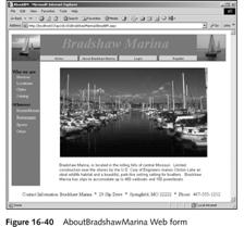 the AboutBradshawMarina Designing the AboutBradshawMarina Horizontal navigation bar About Bradshaw Marina button Opens the AboutBradshawMarina A static Web page Provides information about Bradshaw