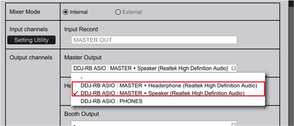 Open [Preferences] in rekordbox and select [Audio] [Output channels] [Master Output] and click the