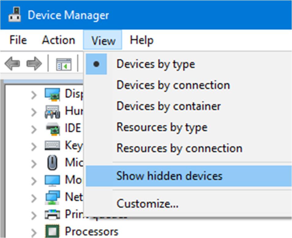 Click [View] in [Device Manager] and select [Show