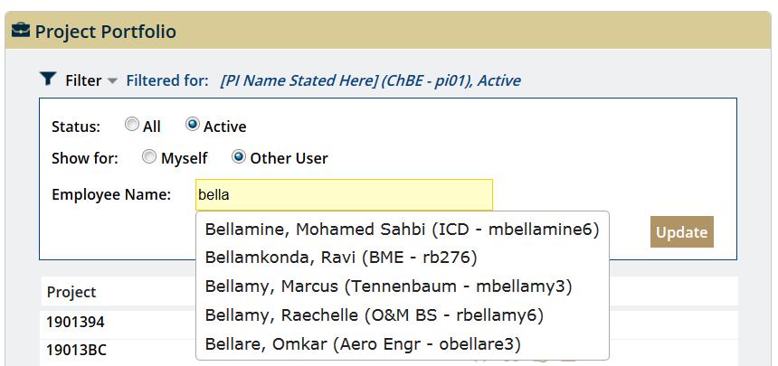 To change the portlet parameters click on the icon. Next, specify desired parameters and select Other User. For the Employee Name field, enter the first few characters of the other user s last name.