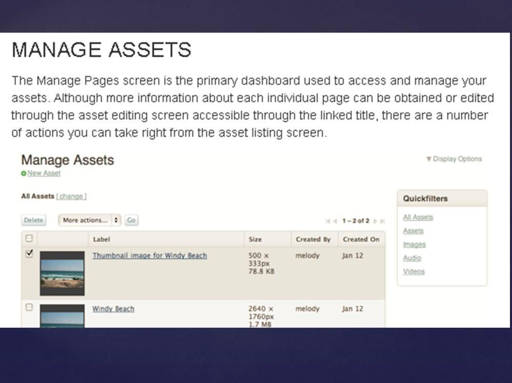 Let me check out Foobar s help pages. Here it tells me that the manage pages screen is the primary dashboard used to access and manage your assets.