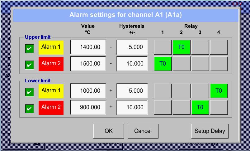 settings, an Alarm 1 and Alarm 2 incl. Hysteresis can be entered for each channel.