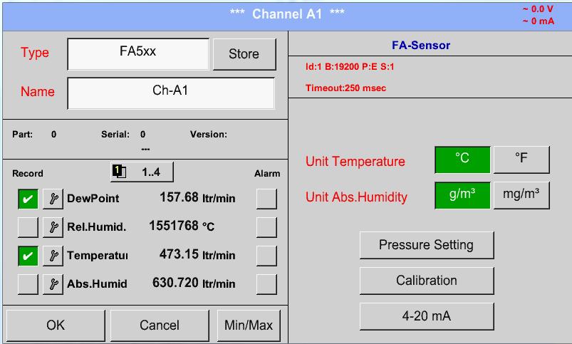 type FA 5xx (inserted Digitalboard for A1/A2) Main menu Settings Sensor settings A1 Type description field FA 5xx Now the Type FA 5xx is selected for the FA 5xx
