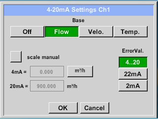 analogue output by pressing the 4-20mA Ch1 button. Selection of the analogue output measurement value by activating the appropriate measured value key in this example, Flow".