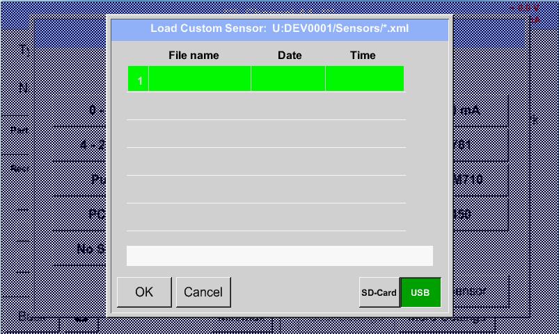Sensor settings storing / importing (Custom sensor) 13.3.10.2 Sensor Settings import Main menu Settings Sensor settings A1-C4 Type description field Custom Sensor 1 2 3 Druck16b.XML 12.07.
