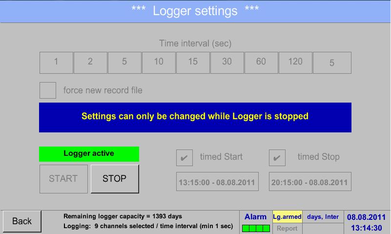 Logger settings Main menu Settings Logger settings timed Start button/timed Stop button Date/Time description field Cal button With the Cal button, the desired date can be easily select from the