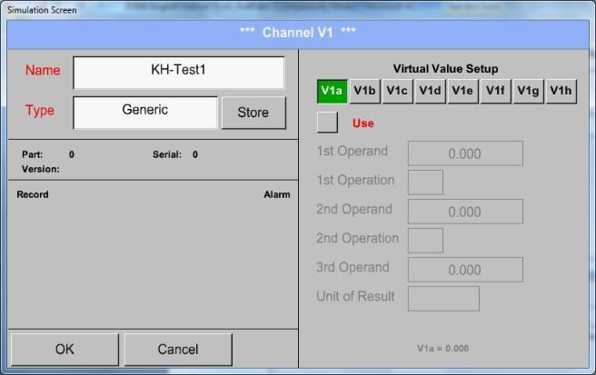 Virtual Channels Main menu Settings Sensor Settings Virtual Channels V1 Name text field By pushing the Text field Name a Sensor name could