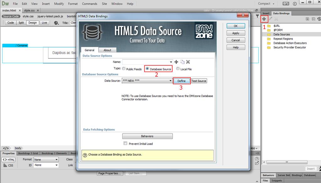 2. Click add new data source button (1) and the HTML5 Data Bindings window will open.